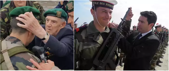 Rituel des commandos Marine : la remise du béret vert et du badge commando par un grand ancien, sur la plage de Ouistréham
